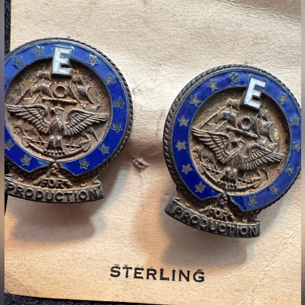 Vintage Sterling US Navy Award E for Production Pin Enamel Blue Mass Set of 2